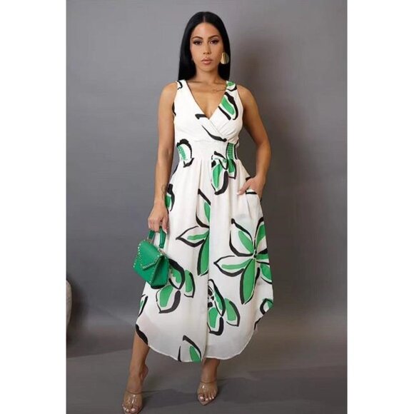 PUF Women's Tropical Jumpsuit Size M In White/Green - Picture 1 of 15